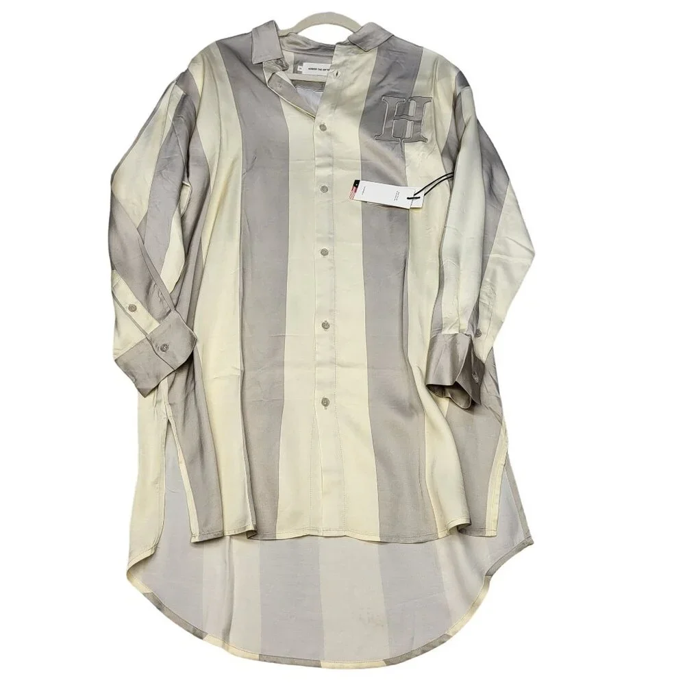 Honor The Gift Women's Striped Button-Up Shirt Dress Grey Casual Long Sleeve Med - Picture 1 of 15